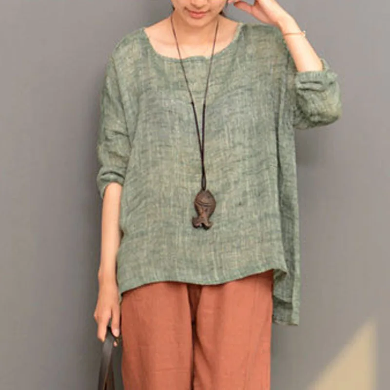 

M-5XL Top Blusas ZANZEA Women Crew Neck Long Sleeve Split Hem Cotton Linen Spring Robe Blouse Party Solid Baggy Tunic Shirt