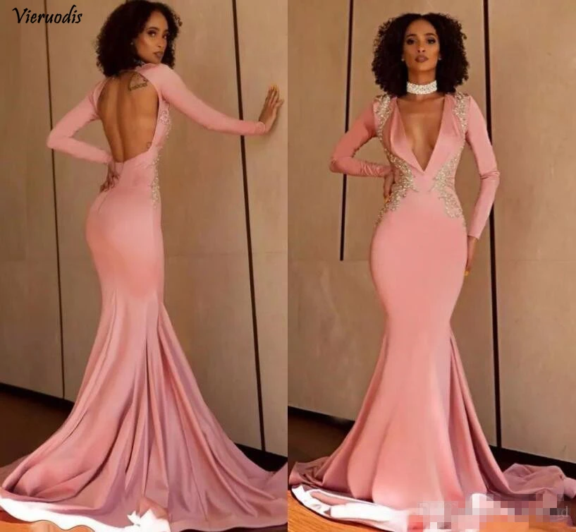

2019 Sexy Deep V Neck Mermaid Prom Dress With Gold Embroidery Appliques Backless Long Sleeve Evening Gowns Vestidos De Festa