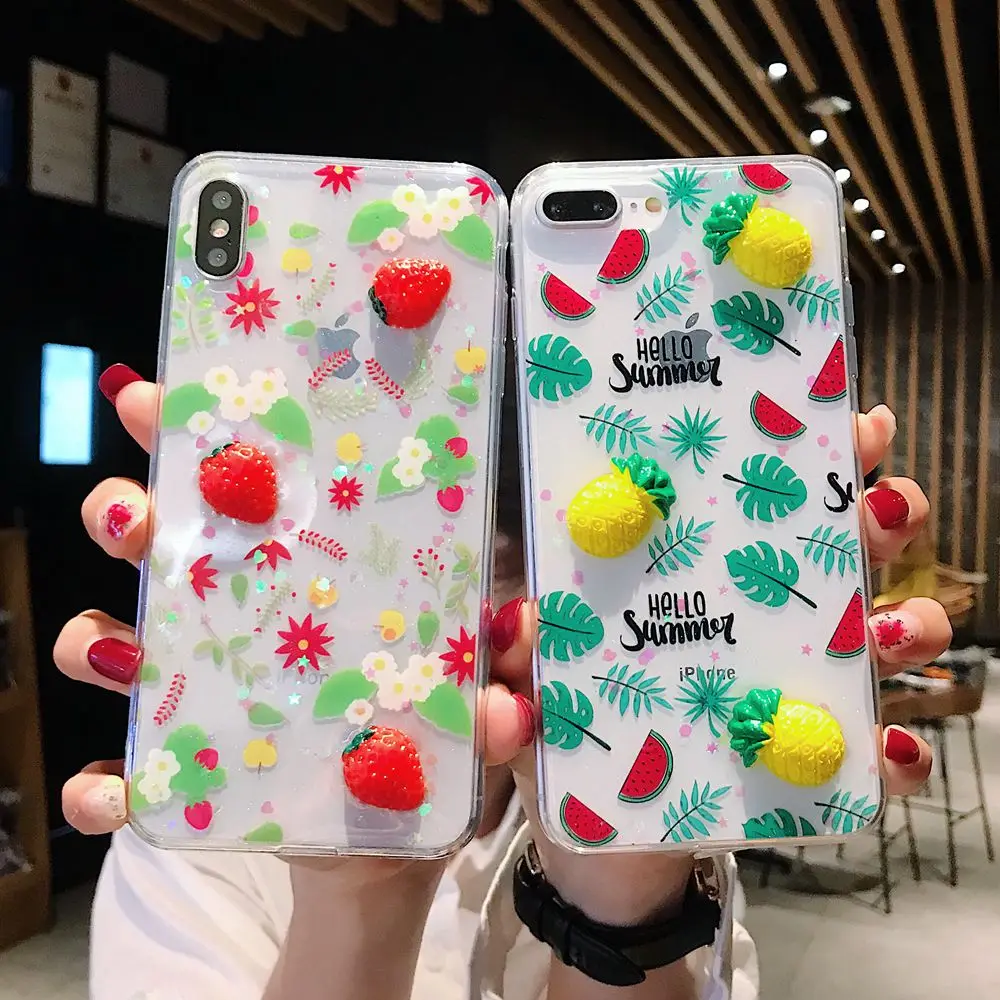 

Cute 3D Pineapple Strawberry Phone Case for iPhone 8 7 6s Plus X XS XR Max Fresh Fruits Case Stylish Transparent Soft Back Cover