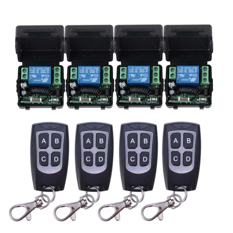 

12V 1CH Wireless Remote Control Switch System 4 Transmitter & 4 Receiver 10A Relay Smart House