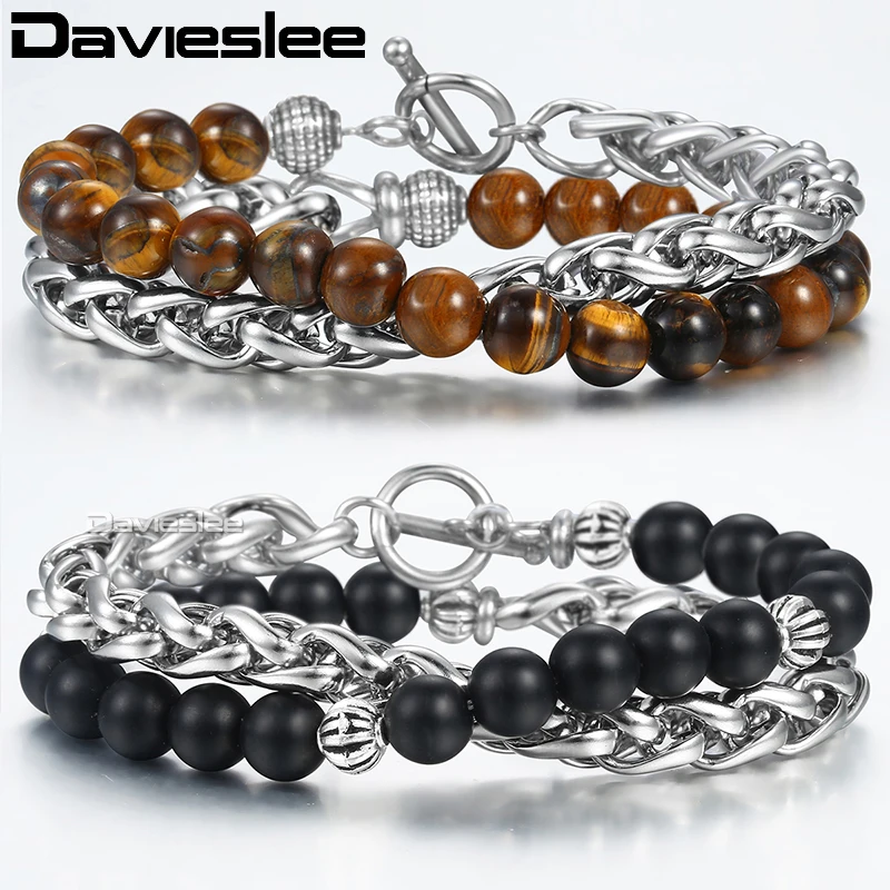 

Davieslee Natural Tiger Eye Stone Beaded Bracelets For Men Women Wheat Link Double Layered Brown Matte Black Glass 8mm DBM13