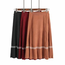 Осень Зима Новая Женская эластичная трикотажная хлопковая Юбка Империя хит цвет патч-юбка Студенческая Женская длинная Плиссированная юбка