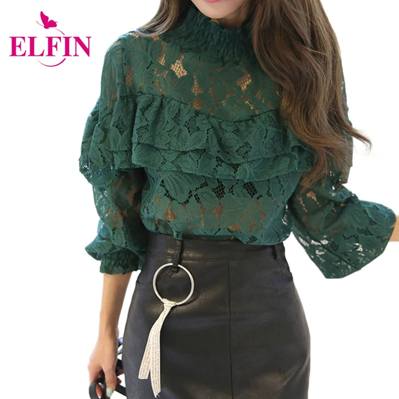 

Fashion Women Hollow Lace Blouse Shirt Long Sleeve Ruffles Shirt Female Blusa Tops Plus Size Clothes LJ8610R