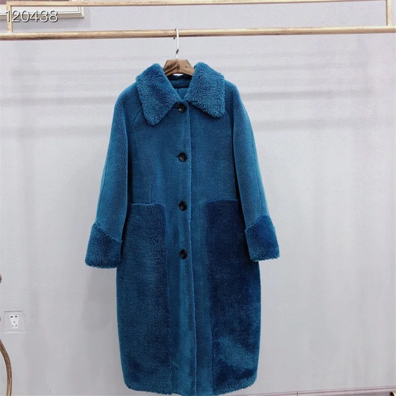 Шерстяное зимнее пальто, куртка с отложным воротником, овчина, мех, шерсть, средней длины, пальто большого размера, зимняя модная одежда с мехом - Цвет: blue