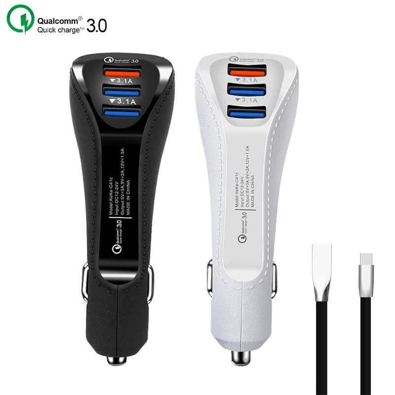 

QC3.0 Fast Car Charger PU Leather 3 USB Travel Charging Adapter for Samsung huawie Xiaomi 3.1A Chargers 2.4A Type c USB Cable 1m