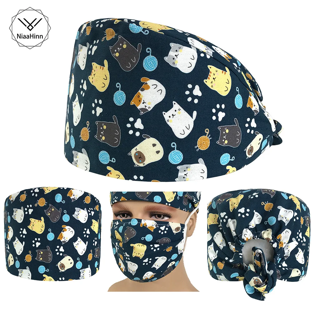 

adjustable Breathable printing surgery nursing scrubs cap&mask Medical surgical hats men and women dental clinic pharmacy caps