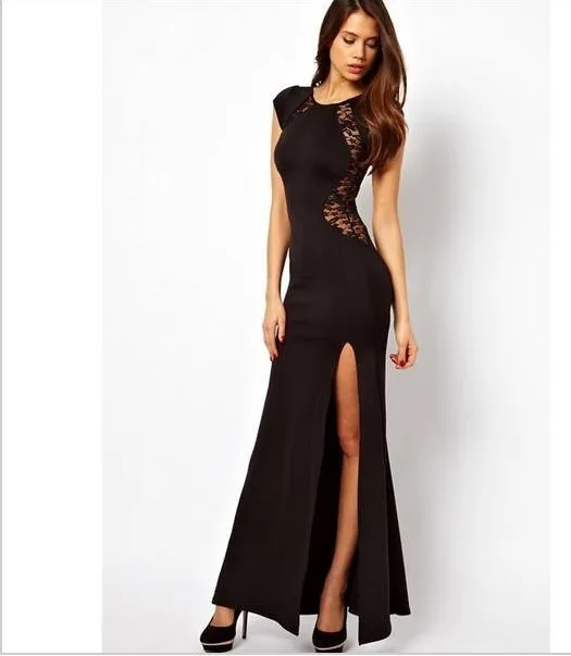 

Spring Fashion Full Dress Slim Sexy Cutout Placketing Behind The Lace One-piece Formal Dress Black Red S-XXL On Sale