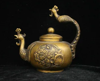 

Marked Chinese palace Bronze lucky Phoenix Flower Statue Wine Tea Pot Flagon