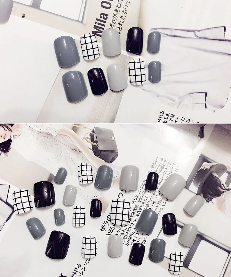 New Toe Nails 24 Pieces of Fake Nails Luxe Look Finished Black White Gray Fake Nails Art Manicure Full Nail Nagels Matte Tips