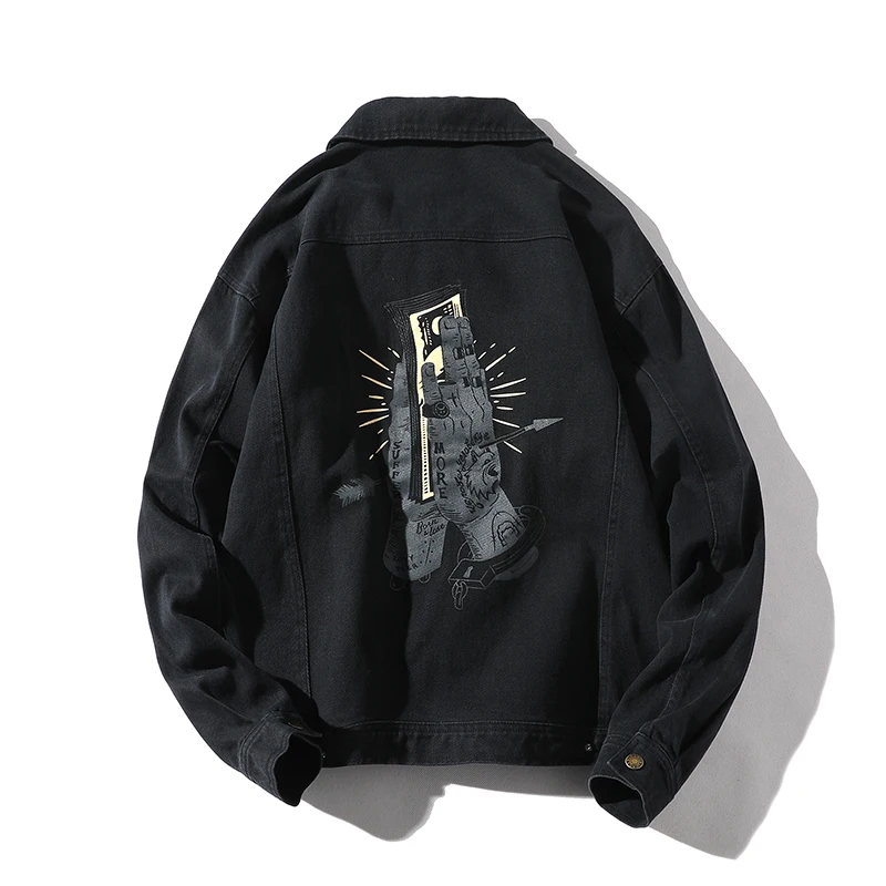 2018 New Denim Jacket Men Streetwear Turn Down Collar Jacket Casual Print Long Sleeve Coat Hip Hop Men Jackets