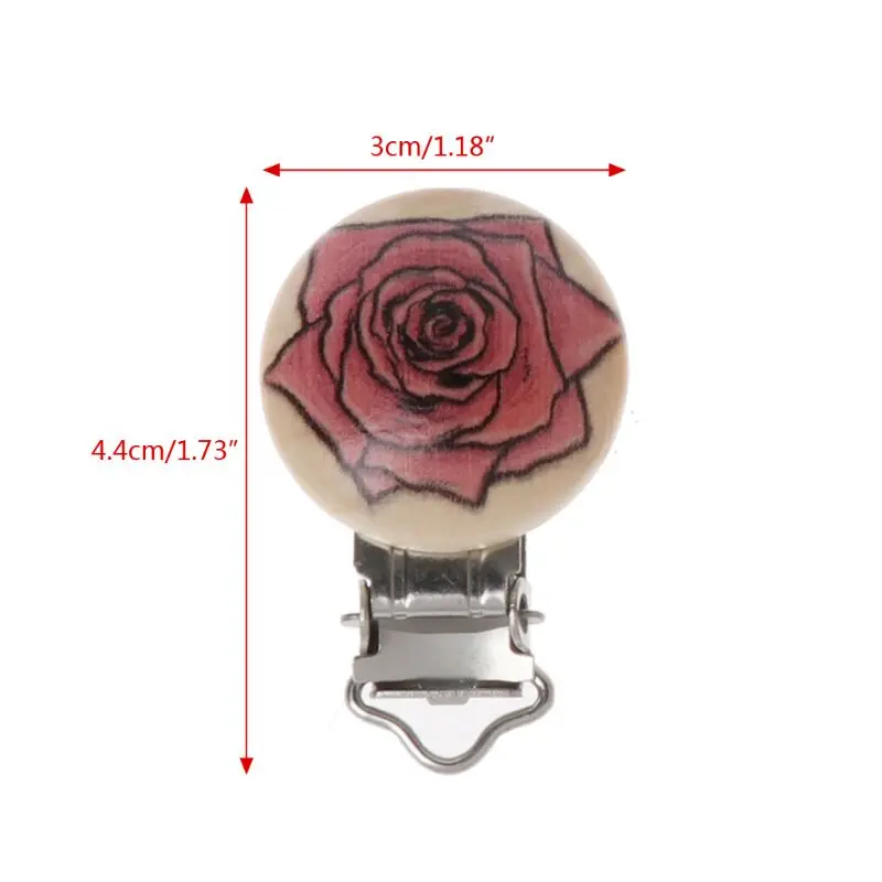 

5PCS Metal Wooden Baby Pacifier Clips Holders Round Flower Pattern Nipple Clasps