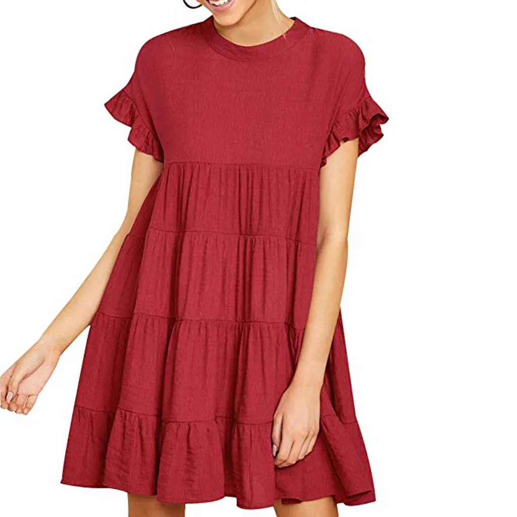 Women Summer Ruffle Sleeve Dress Casual Boho Solid Plain Short Sleeve A-Line Dress Female Loose Swing Party Mini Dress Vestidos