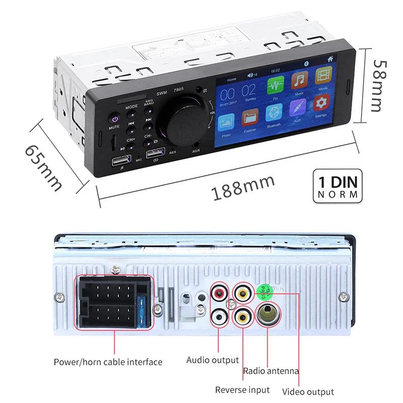 Pantalla táctil Radio para automóvil 1 Din 4,1 pulgadas Reproductor de audio y video MP5 TF USB Carga rápida ISO Remoto Unidad de iluminación multicolor multicolor 7805T