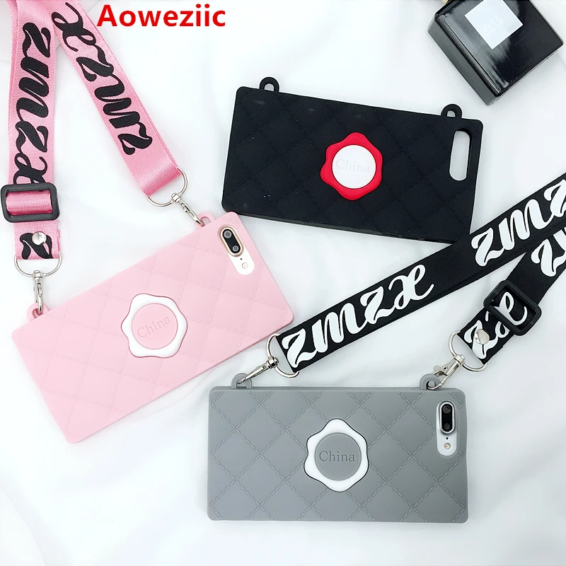 

Aoweziic Japan slanting mobile phone shell For iPhoneX XS MAX XR silicone 6S 7Plus 8Plus lanyard chain luxury anti falling soft