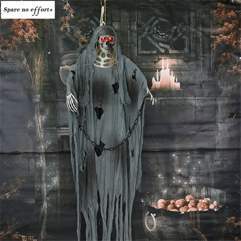 

Halloween Hanging Ghost Decoration Scary Evil Festival Decor Props Eyes Bright Laughing Sound Control Haunted Doll Electric Toy