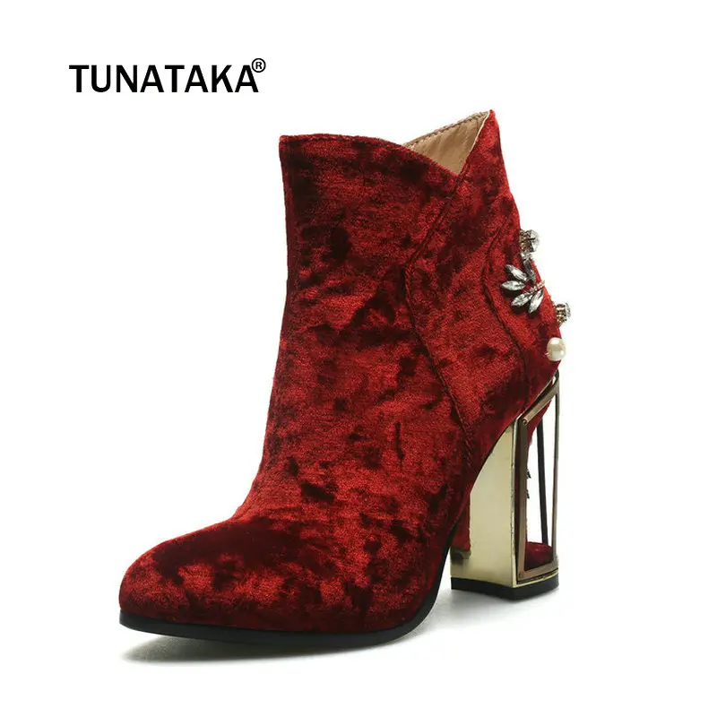 

Square High Heel Pointed Toe Woman Winter Ankle Boots Fashion Crystal Dress Shoes Woman Genuine Leather Inside Black