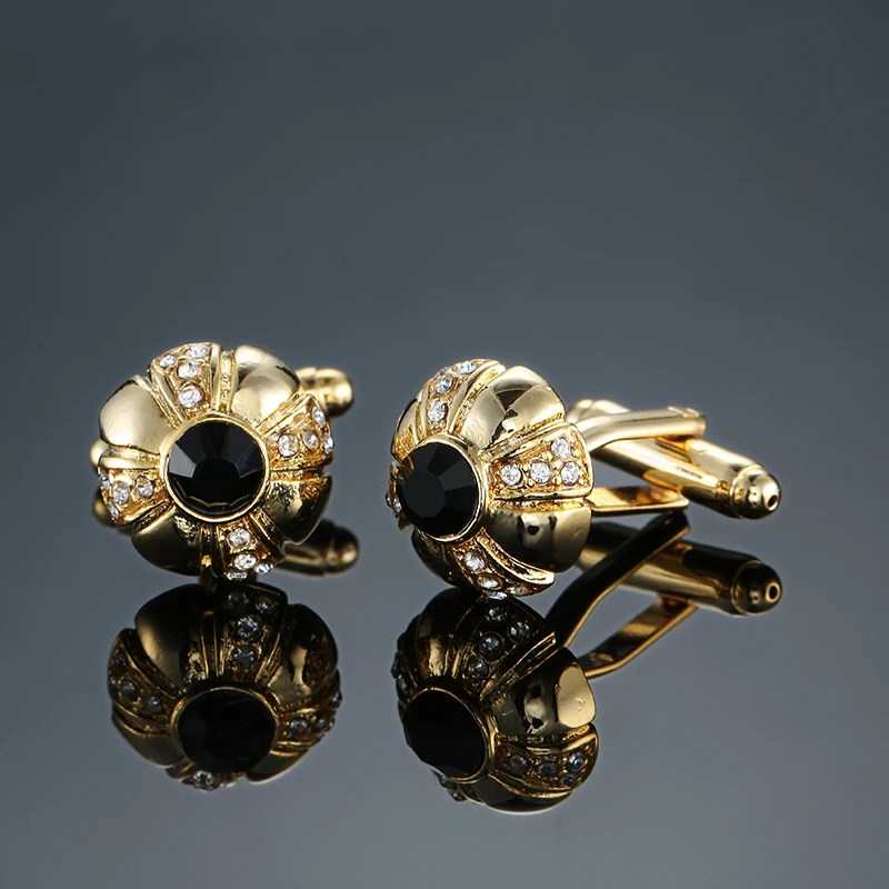 

High Quality Men's Cufflink Gold Plating Black Crystal Round Men's Shirt cuff links Wedding cuffs Shirt Business