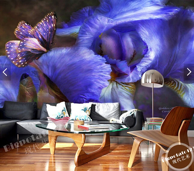 

Custom retro wallpaper.Butterfly and purple flower oil painting in the living room hotel restaurant ceiling waterproof wallpaper