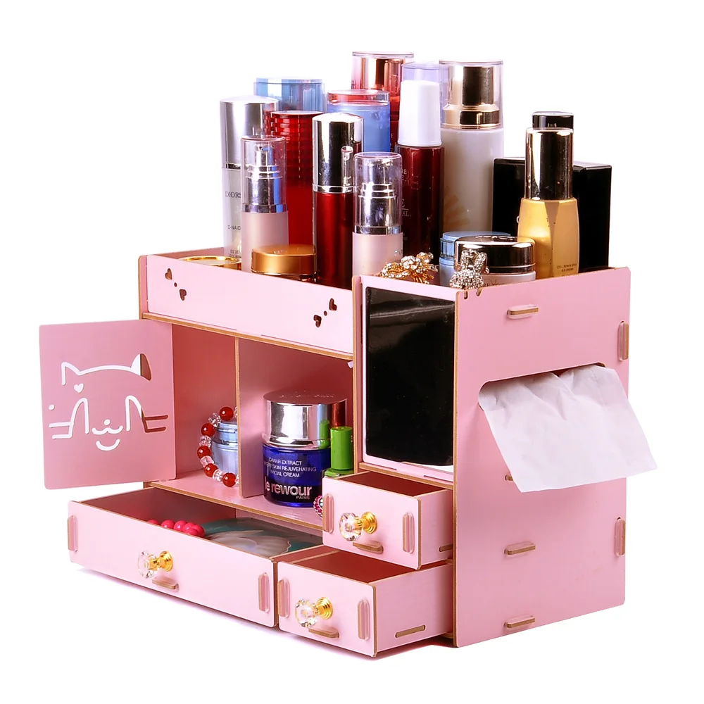 

Wooden Storage Box Cosmetic Organizer Home Office Desktop Drawer DIY Assembly Table Case Makeup Organizer
