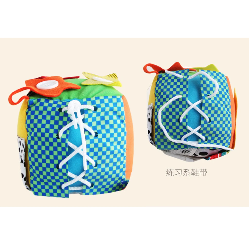 Educational Basic Life Skills Baby Toddler Learn to Dress - 6 in One Crinkle Cloth Cube Toy - Zip Snap Button Tie Puzzle