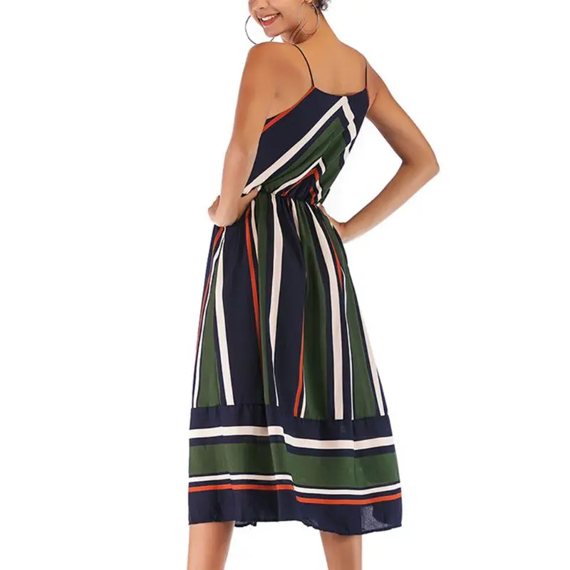 

Womens Summer Sleeveless Midi Long Swing Dress Vintage Contrast Colored Stripes Printed High Waist V-Neck Evening Party Sundress