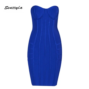 

Seamyla New Fashion Strapless Bandage Dress Women Sexy Bodycon Evening Party Dresses Red Blue Spring Mini Clubwear Runway Dress