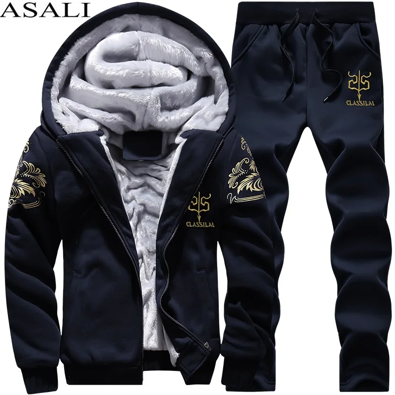 2019 Thicken Men Tracksuit Set Cardigan Winter Fleece Hood Jacket+Pants Sweatshirts Male 2 Piece Hoodies Sporting Suit Coat | Мужская
