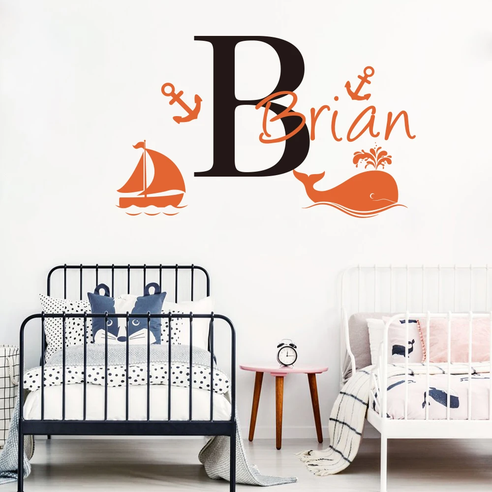 Custom Name Whale Sail Boat Anchor Wall Decal Nursery Kids Room Personalized Marine Sea Fish Wall Sticker Bedroom Vinyl Decor (5)