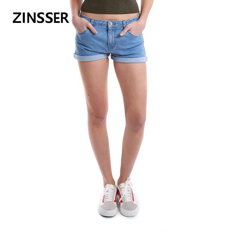 

Autumn Winter Women Denim Basic Short Medium Waist Stretch Casual Rolling Bottom Crimping Ripped Washed Blue Female Lady Short
