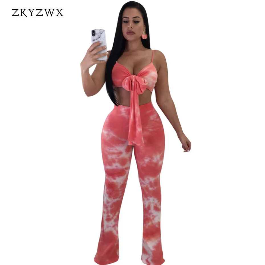 

ZKYZWX Sexy Two Piece Set Summer Outfits Bandage Crop Top And Flare Pants Sweat Suits Casual Tracksuit Tie Dye 2 Piece Set Women