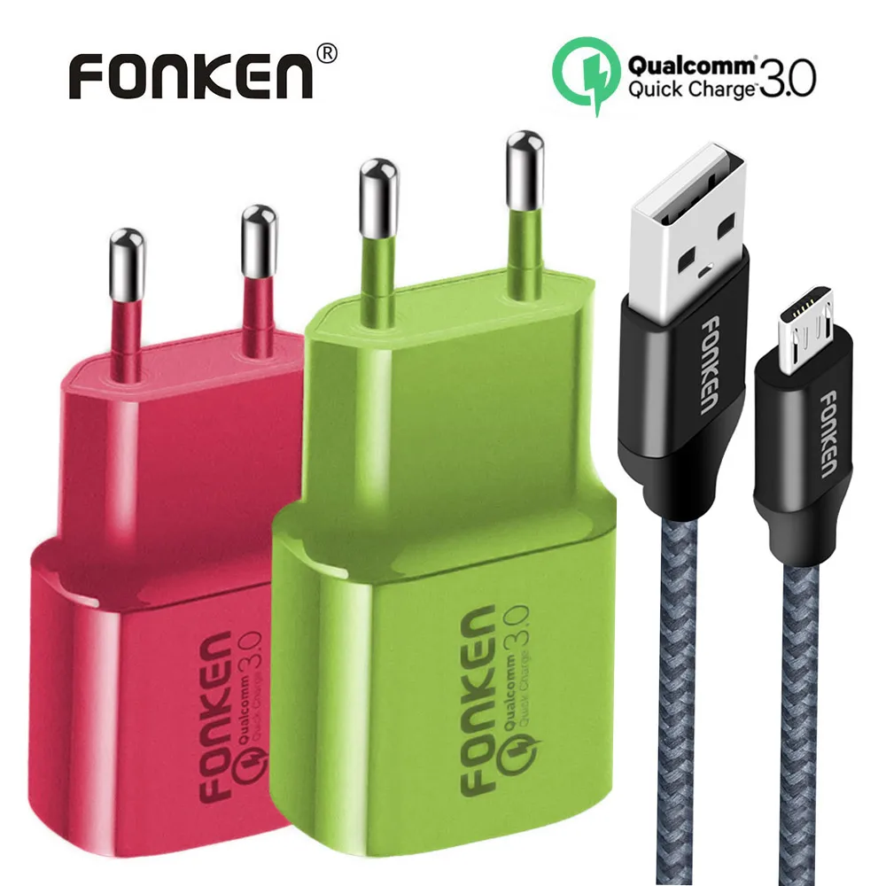 FONKEN الملونة شاحن يو اس بي سريعة تهمة 3.0 شاحن سريع 18 W QC3.0 QC2.0 مع سريعة كابل شحن للهاتف المحمول محول