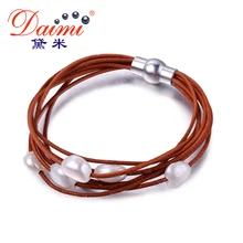 DAIMI 9-10mm White Natural Baroque Pearl Bracelet 7 Layers Leather Bracelet Wholesale Price Magnet Clasp
