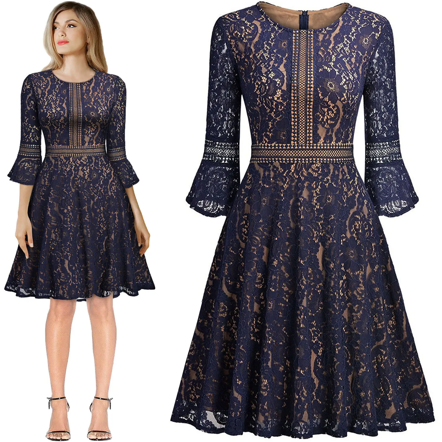 

2019 Hot Sale Spring New European Style Lace Dress 3/4 Sleeve Elegant Flare Sleeve Big Pendulum Vintage Dress Free Shipping