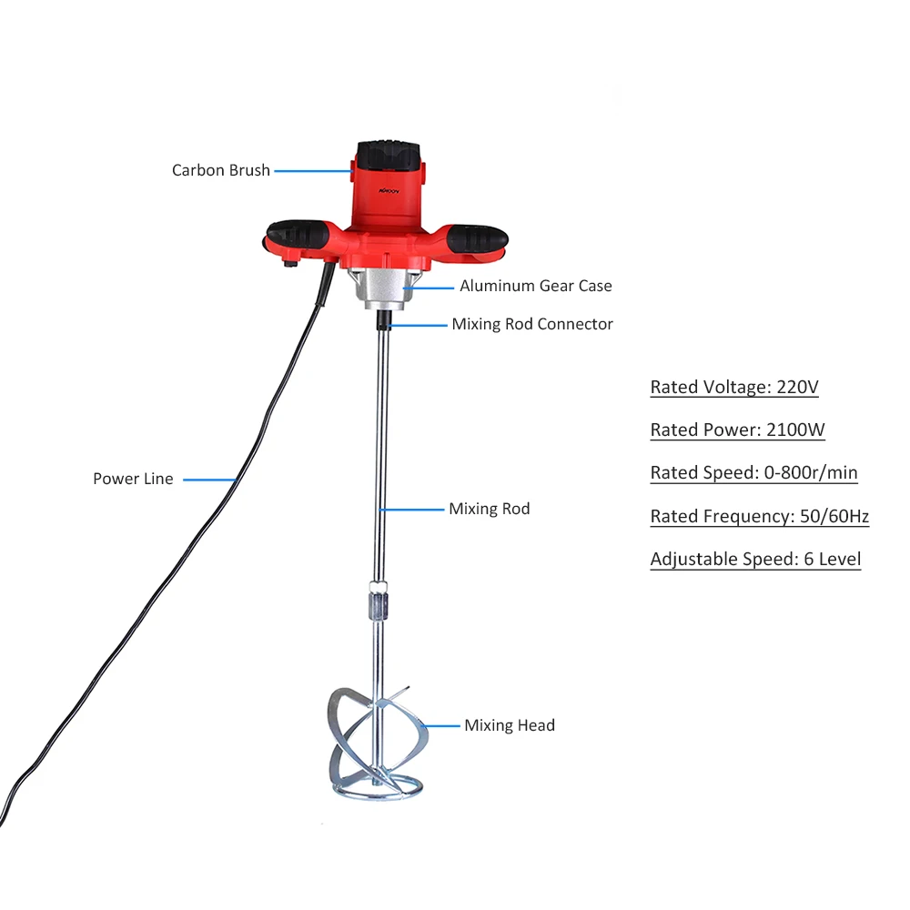 KKmoon 220V 2100W Handheld Electric Cement Mixer Stirrer 50/60Hz 6-Speed Hand Held Concrete Mixer for Mortars Paint Mud Grout 80