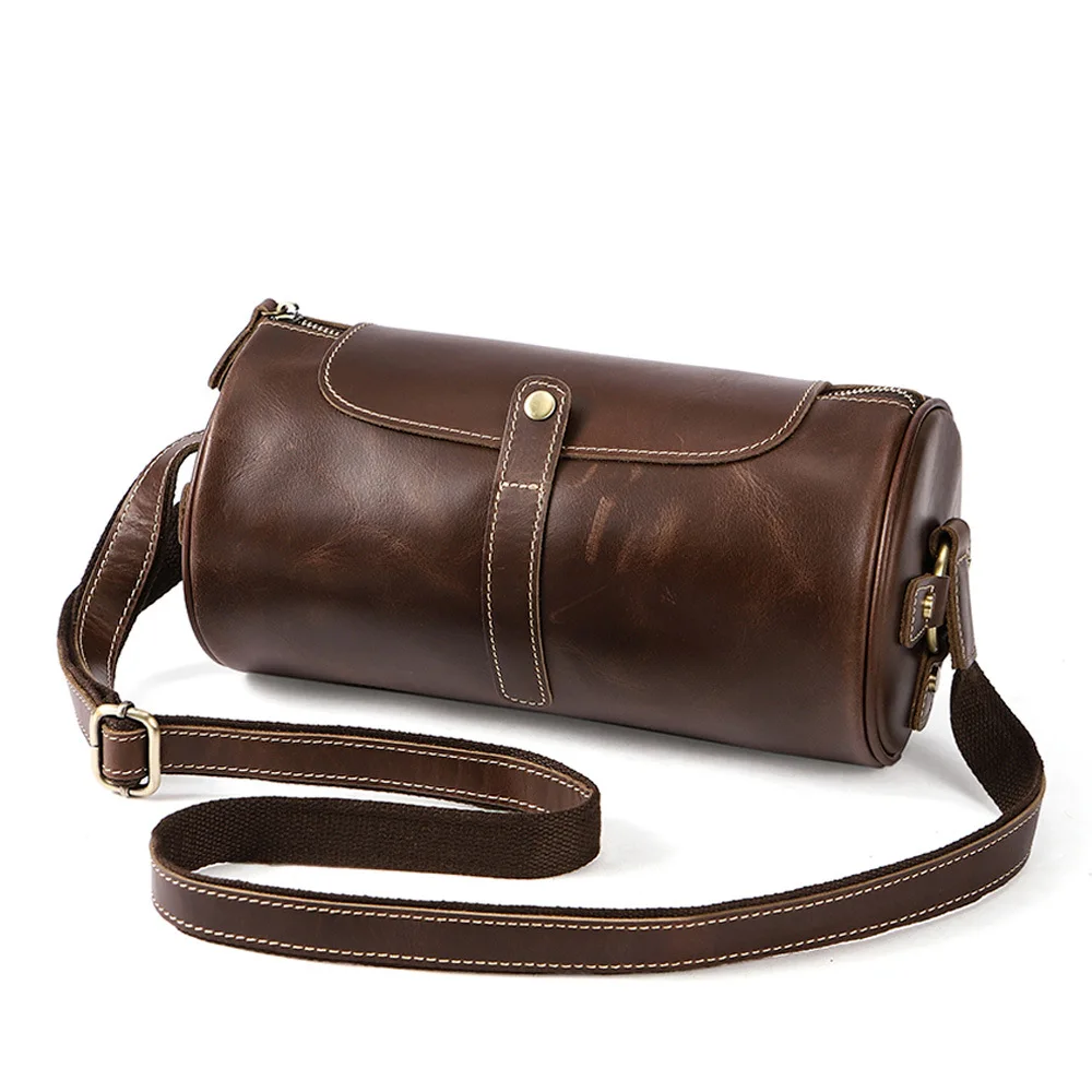 

Men's Diagonal Bag Leather Cylindrical Men's Bags Retro Crazy Horseskin Shoulder Bag Men's Leather Bag
