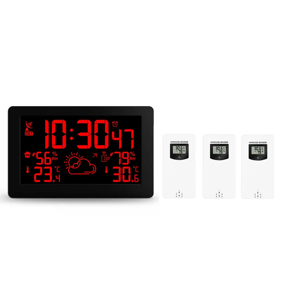 

3 Outdoor Sensors Rainbow LCD Wireless Weather Station Digital Thermometer Hygrometer Weather Forecast Snooze Alarm Clock