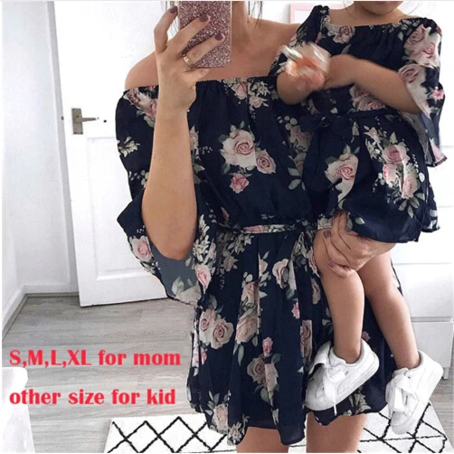

Emmababy Mother girl Family Matching Outfits Off Shoulder Floral Dress Summer Chiffon Girl Women Boho Loose Dresses Clothes