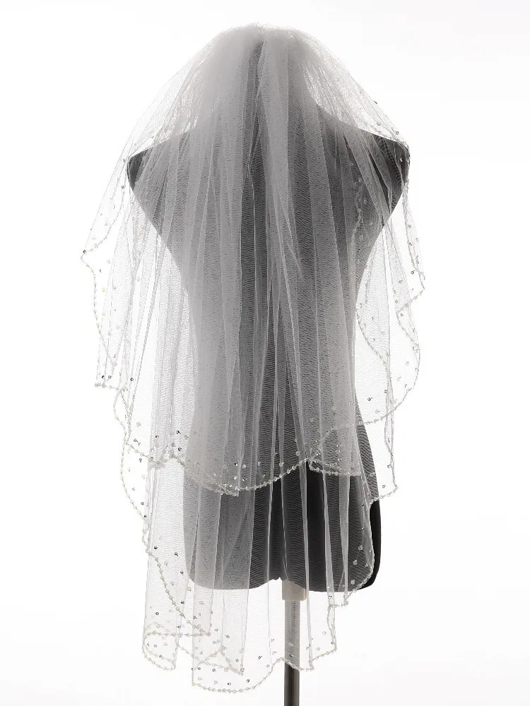 

Charming Bead Edge Two Layers Wedding Accessories Tulle Bridal Veil With Comb Beading Veils