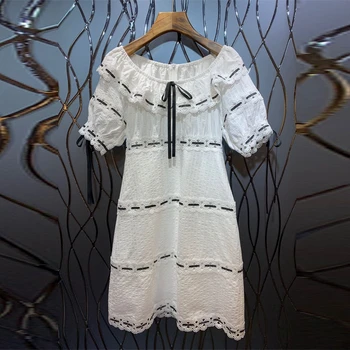 

2020 Summer New Embroidered Short Sleeve Dresses with Ties