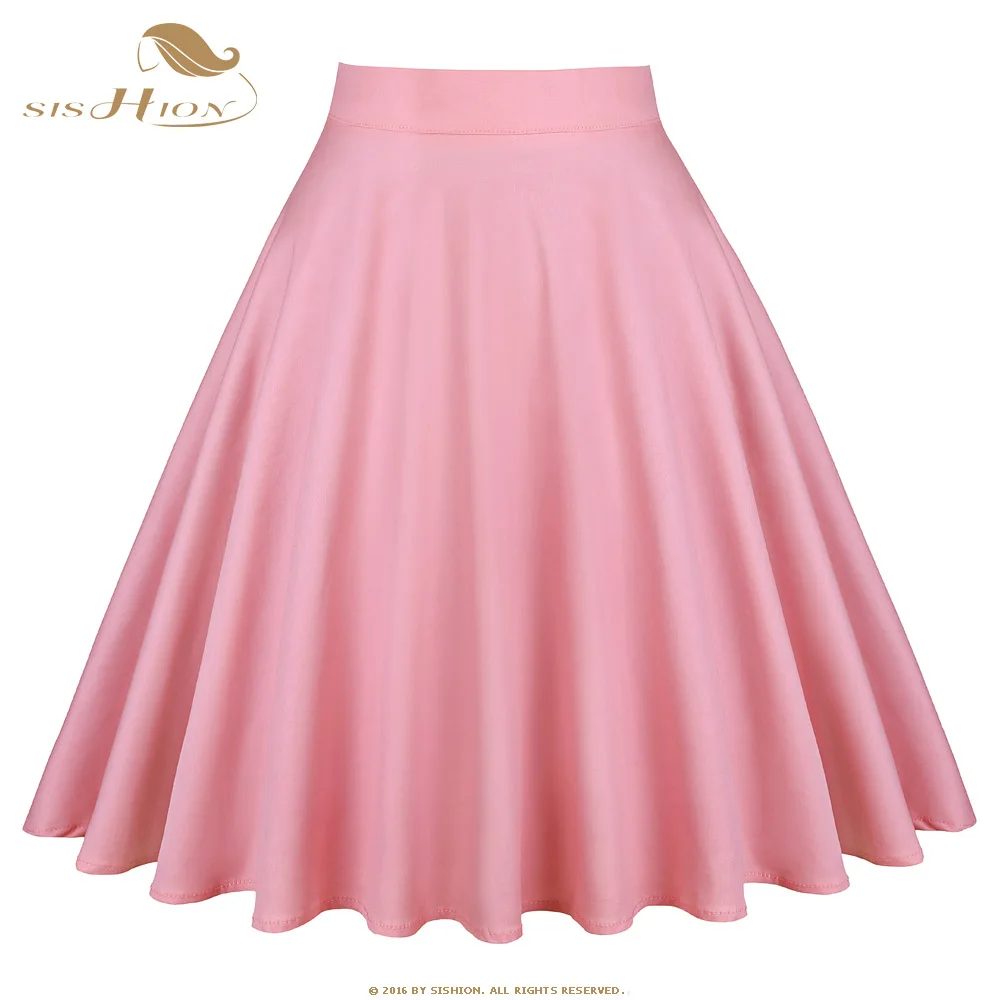 

SISHION Cotton Midi Skirt Summer 2019 Women Clothing High Waist Swing A Line Skater Vintage Casual Knee Length rokken Pink Skirt