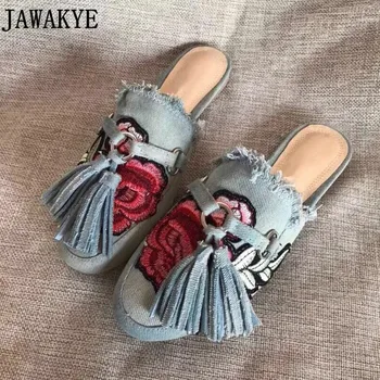 

Spring summer round Toe embroidery flowers Flat Slippers blue jeans denim fringe tassel loafers mules puntufa beach Shoes Women