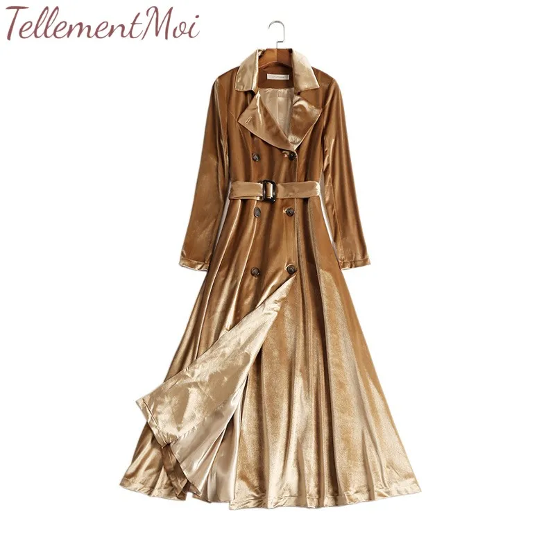 Women Long Trench Coat with Belt Female Velvet Gold Long Elegant Office Ladies Long Sleeve Double Breasted Blazer Dresses