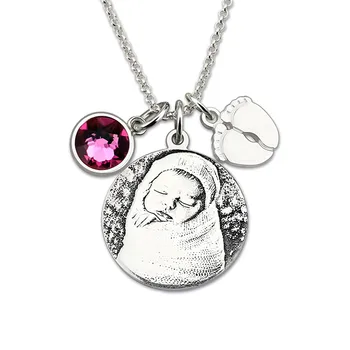 

Custom Baby Photo Necklace 925 Silver Necklace Engrave Name with Birthstone Heart Pendant Necklace For Mom Gift#SS40
