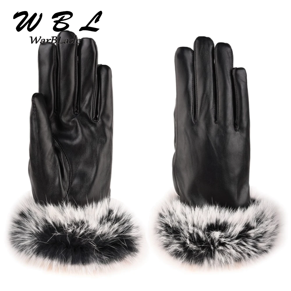 Модные зимние женские уличные повседневные перчатки, кожаные плюшевые ветрозащитные рукавицы на запястье, женские теплые перчатки из кроличьего меха - Цвет: black