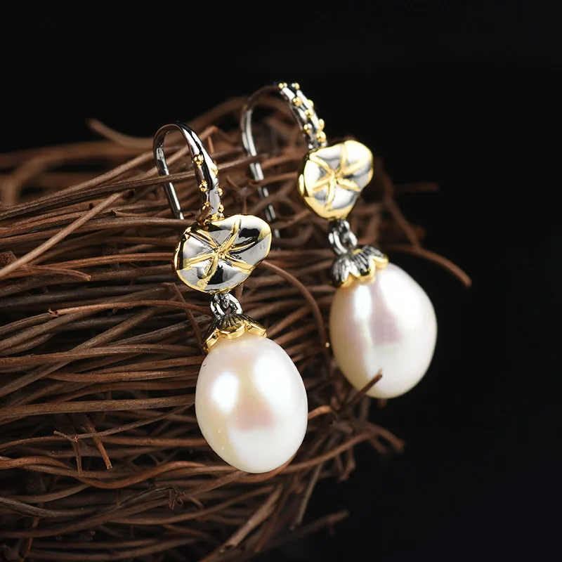 

Lotus Leaf Design Natural Baroque Inlay Pearl Earrings Hypoallergenic 925 Silver Earrings Free Shipping