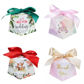 

50pcs Cartoon Flamingos/deer/unicorn/Marble Candy Boxes with ribbons Wedding Favors Giveaways Gift Box Party Chocolate package