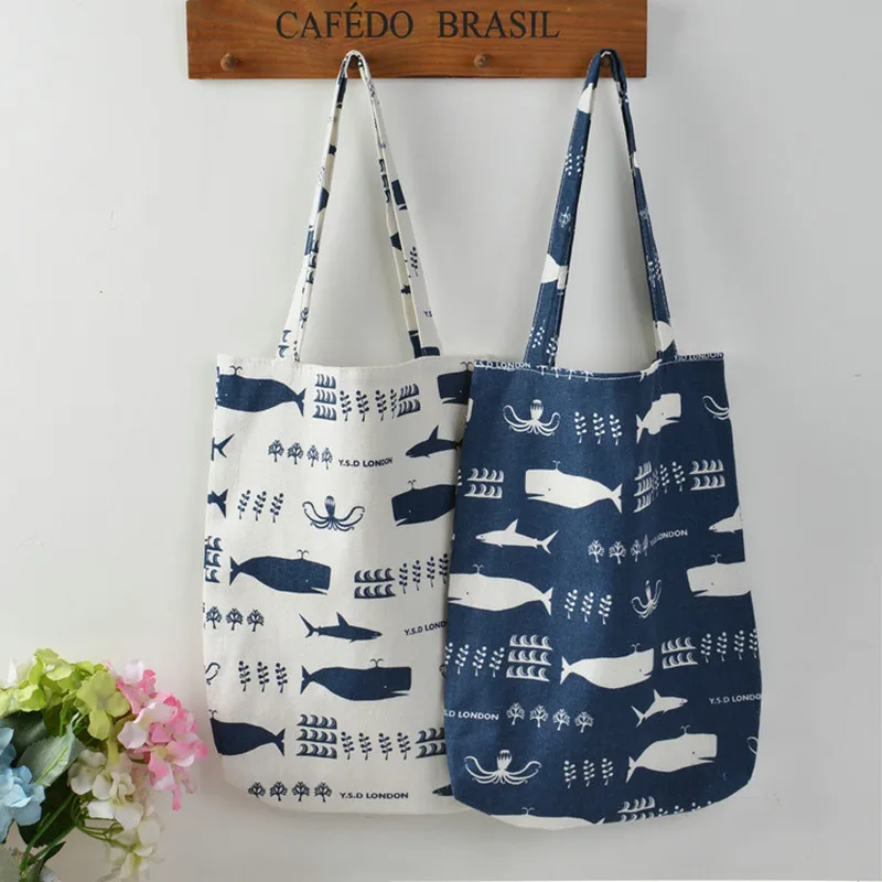 

YILE 1 Layer NO lining Cotton Linen Shopping Tote Carrying Shoulder Bag Print Whale Octopus Sea Life 804