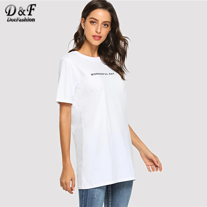 Dotfashion белая футболка с принтом в виде букв, женские летние топы, Уличная Повседневная Длинная футболка с коротким рукавом