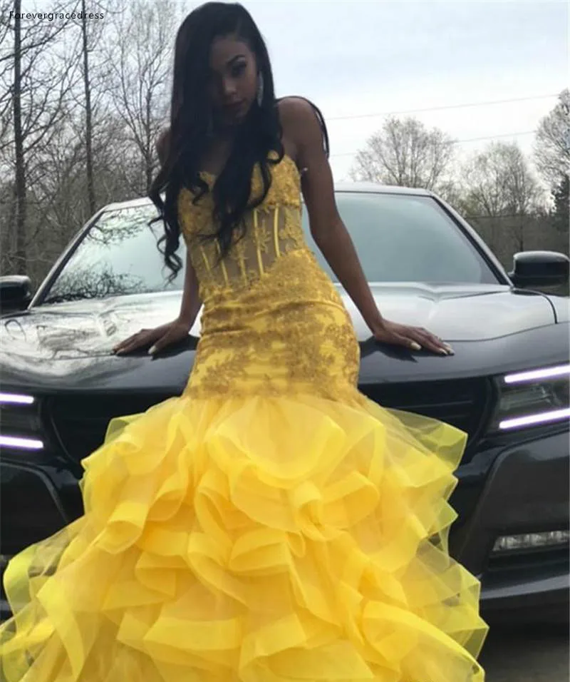 Yellow Tier Ruffles Tulle Skirt Prom Dresses 2019 Mermaid Sweetheart African Black Girls Evening Party Gowns With Appliques Beads BC1635  175 (1)