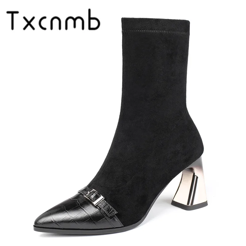 

TXCNMB Autumn Winter pointed Toe High Heels Elegant Chelsea Short Boots Print Women Mid-calf Boots Brand New Party Shoes Woman